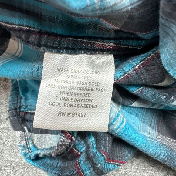 Skully Shirt Mens Medium Snap Up Teal Plaid Western Cowboy‎ Ranch Rodeo - Picture 6 of 10